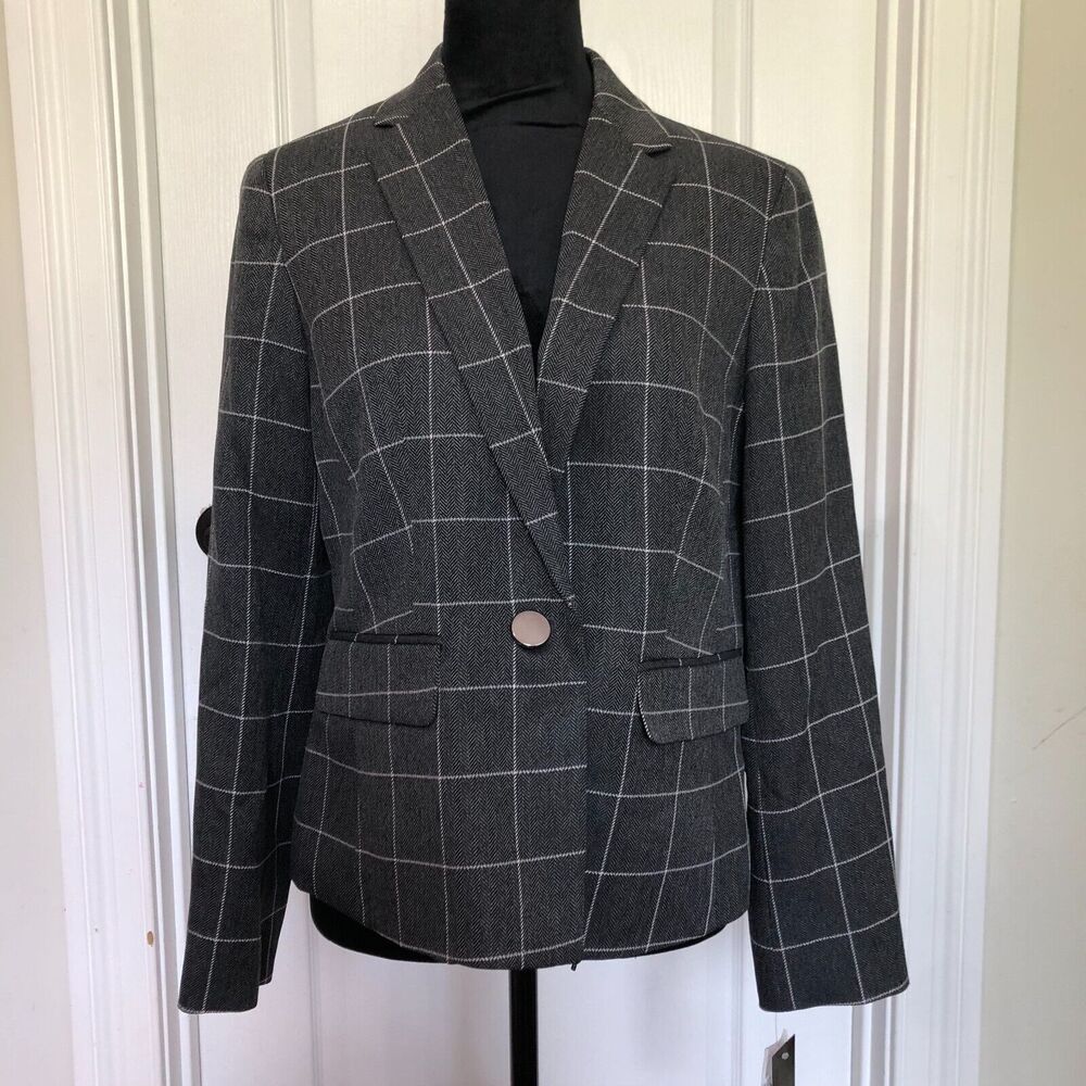 Le Suit Petite Charcoal Herringbone Windowpane Blazer Jacket 10P 50040372-K16